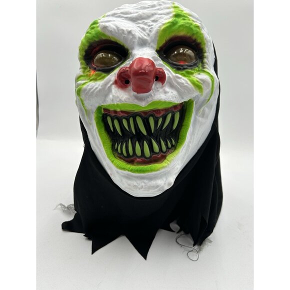 Scary Clown Mask with Red Lighted Eyes, Plastic Face, Cloth Hood Demonic Jester - Picture 4 of 10